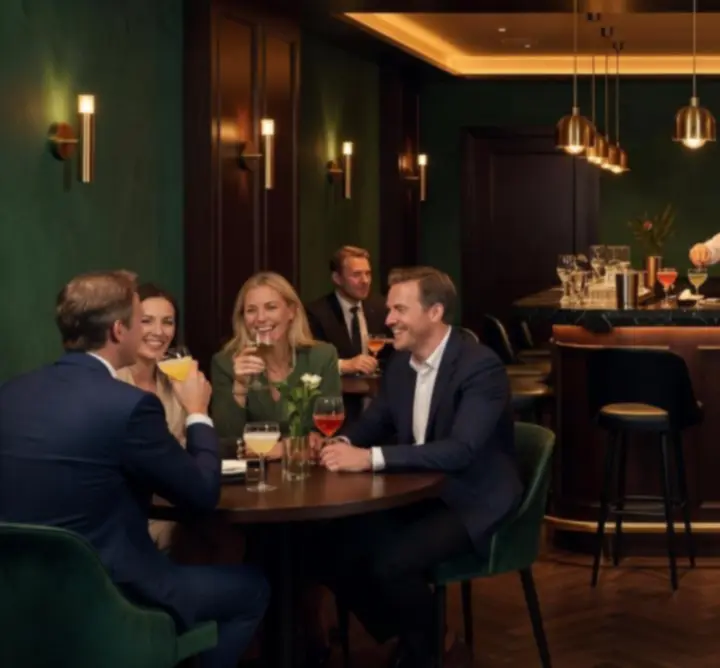 Sfeervol overzicht van events bij Modestitch NL met bar, tafels en warme verlichting.