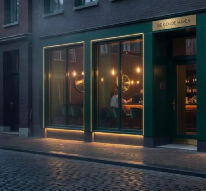 Exterieur van Modestitch NL in de avond met warme verlichting.