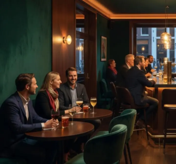 Sfeervolle bar met diepe groentinten, donker hout en warme verlichting bij Modestitch NL.
