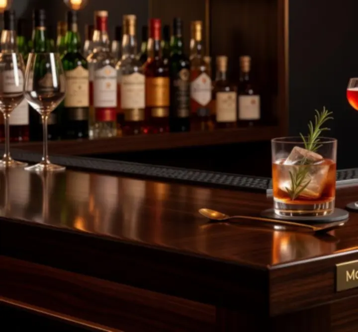 Bar details van Modestitch NL met cocktails, amberlicht en goudaccenten