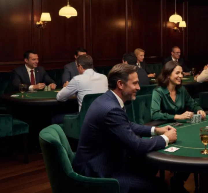 Sfeervolle pokeravond bij Modestitch NL met spelers rond stijlvolle pokertafels.
