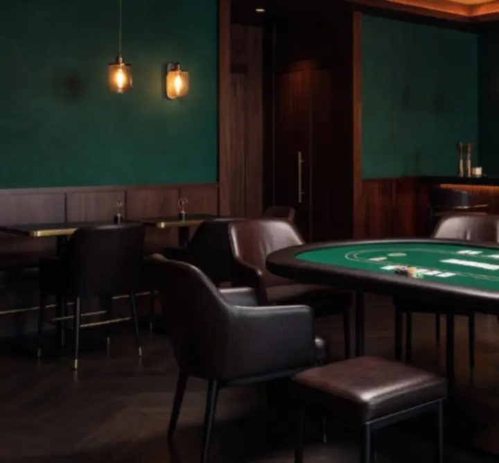 Warme pokerambiance met luxe tafels en sfeervolle verlichting bij Modestitch NL.