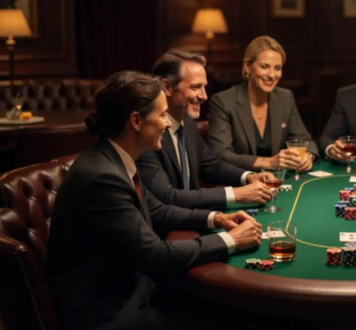 Sfeervolle pokeravond bij Modestitch NL met gasten rond een stijlvol gedekte pokertafel.