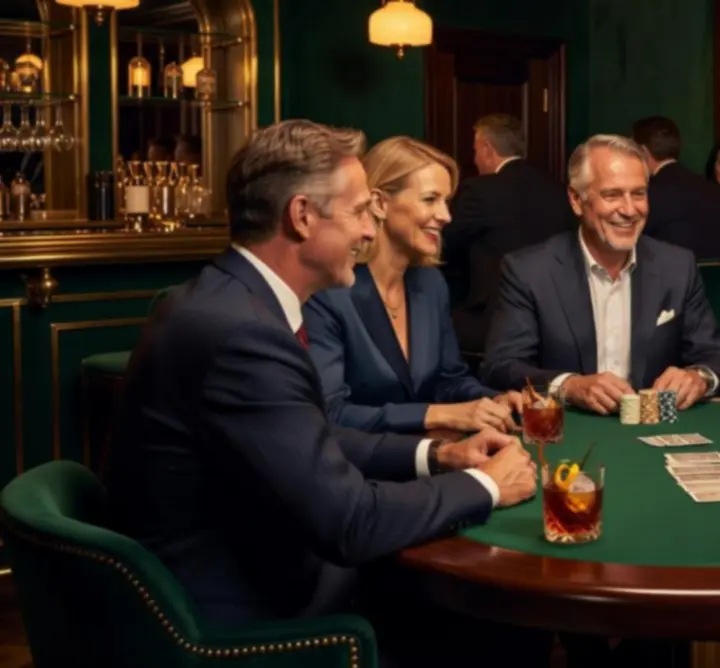 Gasten aan een poker tafel in de bar van Modestitch NL tijdens een sociale pokeravond.