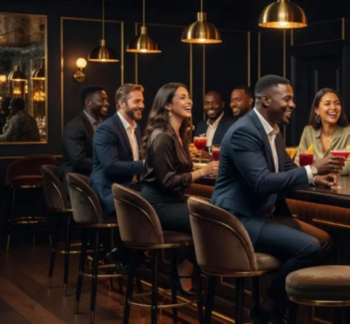 Sociale gathering in de bar van Modestitch NL met gasten die borrelen en poker beleven.